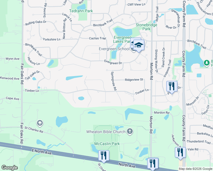 map of restaurants, bars, coffee shops, grocery stores, and more near 3N131 Sycamore Street in West Chicago