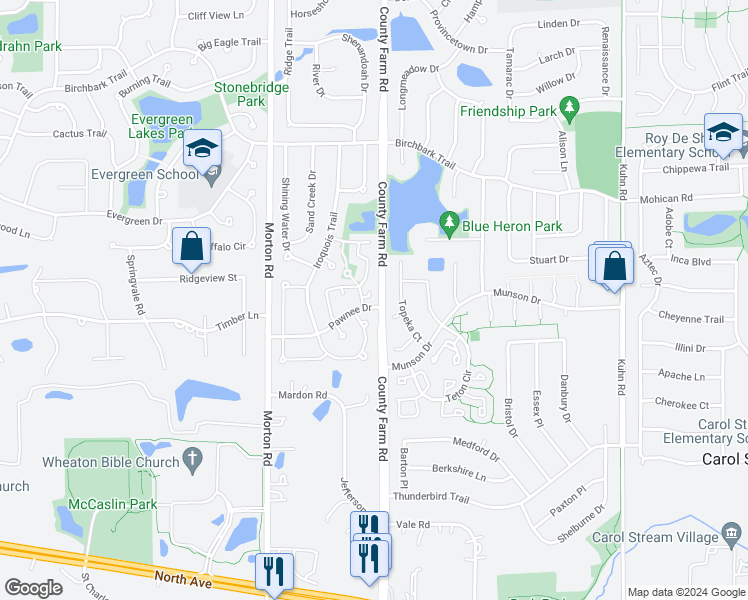 map of restaurants, bars, coffee shops, grocery stores, and more near 776 Allegheny Court in Carol Stream