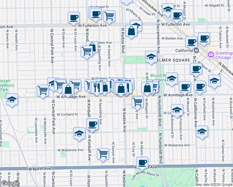 map of restaurants, bars, coffee shops, grocery stores, and more near in Chicago