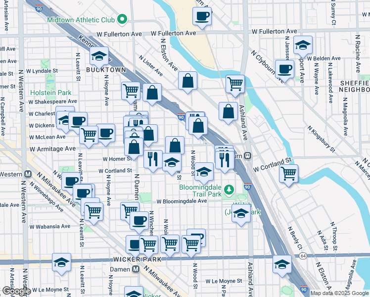 map of restaurants, bars, coffee shops, grocery stores, and more near 1815 West Armitage Avenue in Chicago