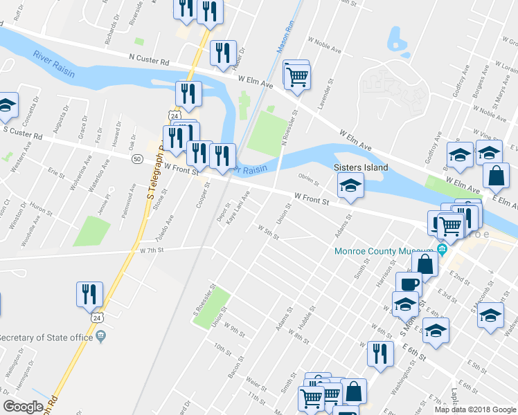 map of restaurants, bars, coffee shops, grocery stores, and more near 418 South Roessler Street in Monroe