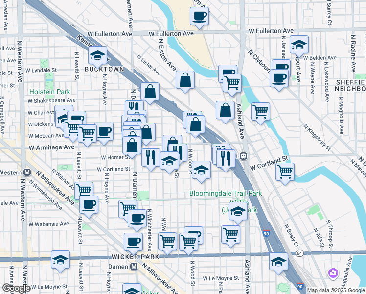map of restaurants, bars, coffee shops, grocery stores, and more near 1815 West Armitage Avenue in Chicago