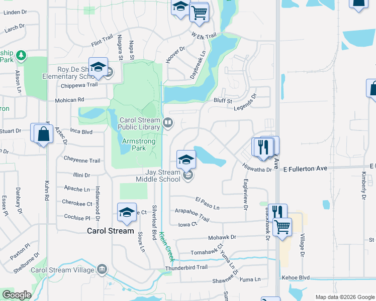 map of restaurants, bars, coffee shops, grocery stores, and more near 571 Bluff Street in Carol Stream