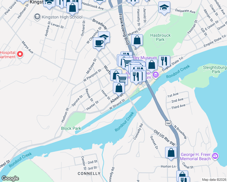 map of restaurants, bars, coffee shops, grocery stores, and more near 78 Hunter Street in Kingston