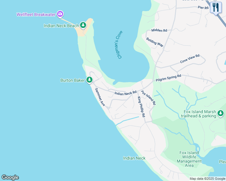 map of restaurants, bars, coffee shops, grocery stores, and more near 134 Indian Neck Road in Wellfleet