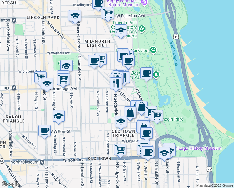 map of restaurants, bars, coffee shops, grocery stores, and more near 1935 North Sedgwick Street in Chicago