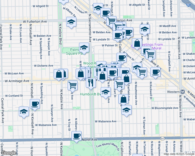 map of restaurants, bars, coffee shops, grocery stores, and more near 2930 West Armitage Avenue in Chicago