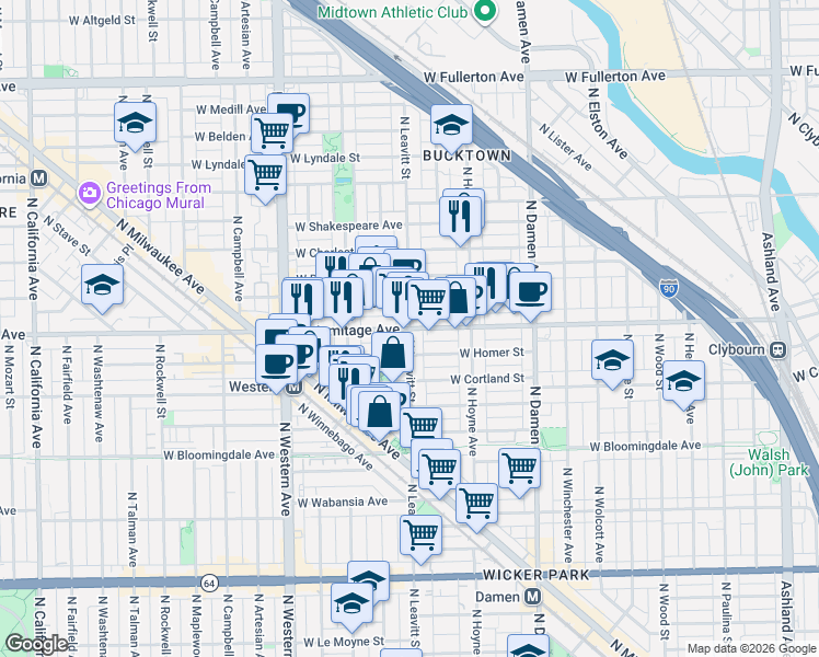 map of restaurants, bars, coffee shops, grocery stores, and more near West Armitage Avenue & North Leavitt Street in Chicago