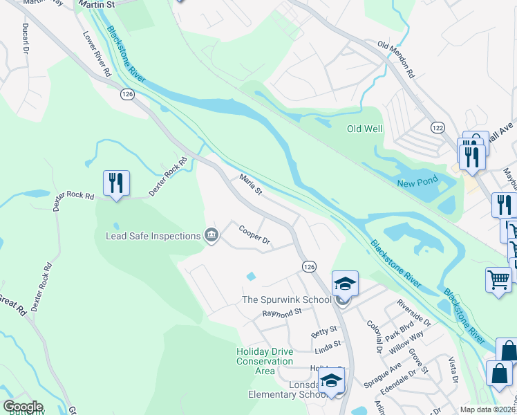 map of restaurants, bars, coffee shops, grocery stores, and more near 463 River Road in Lincoln