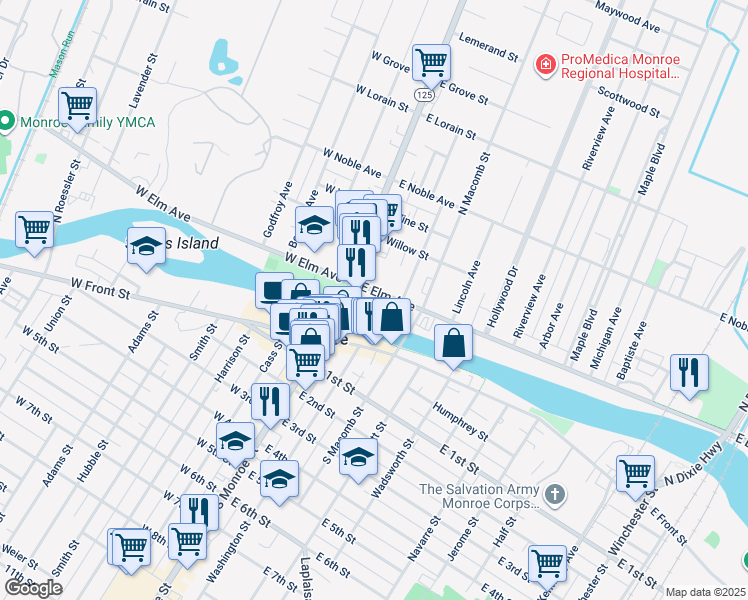 map of restaurants, bars, coffee shops, grocery stores, and more near 36 East Elm Avenue in Monroe