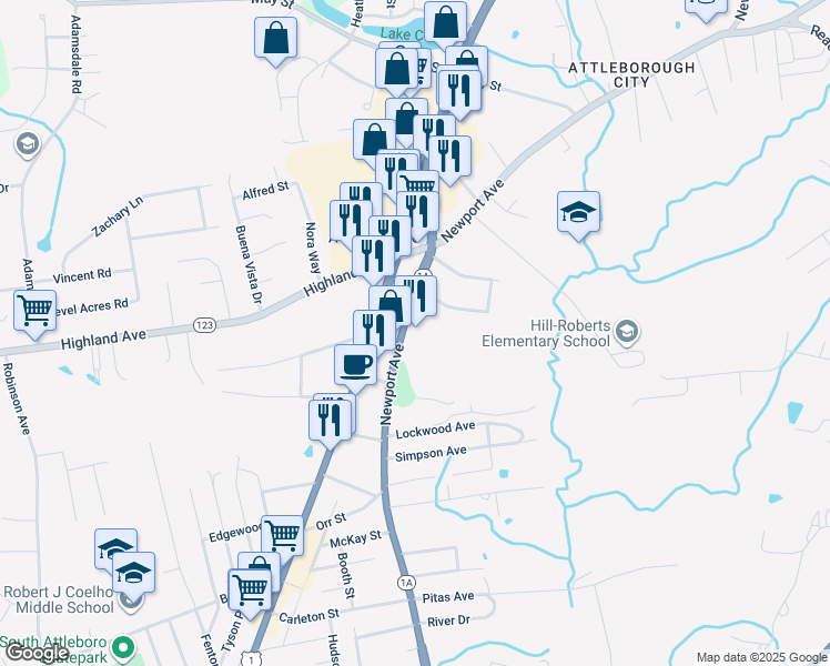 map of restaurants, bars, coffee shops, grocery stores, and more near 734 Newport Avenue in Attleboro
