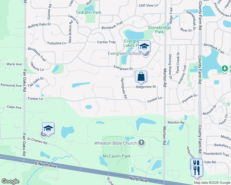 map of restaurants, bars, coffee shops, grocery stores, and more near 3N131 Sycamore St in West Chicago