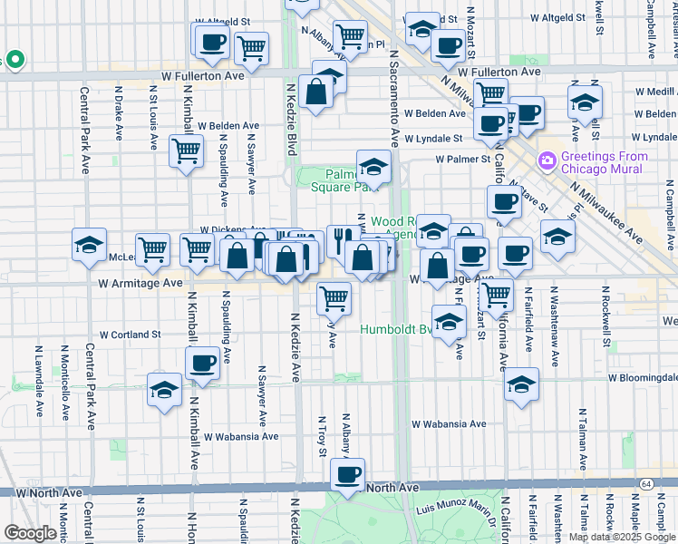 map of restaurants, bars, coffee shops, grocery stores, and more near 3060 West Armitage Avenue in Chicago
