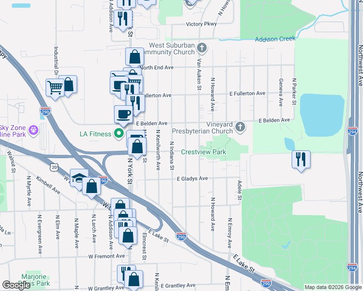 map of restaurants, bars, coffee shops, grocery stores, and more near 213 Crestview Avenue in Elmhurst
