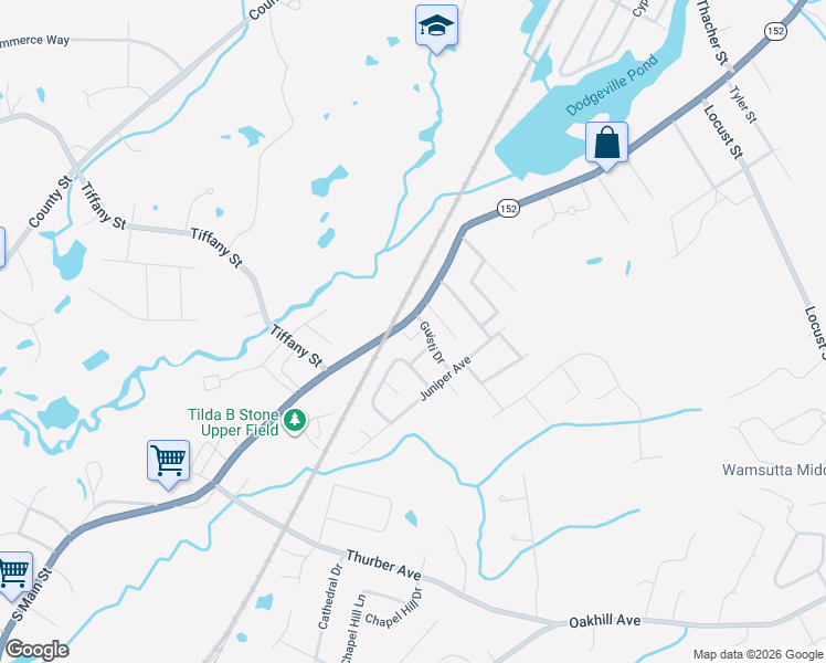 map of restaurants, bars, coffee shops, grocery stores, and more near 19 Guisti Drive in Attleboro