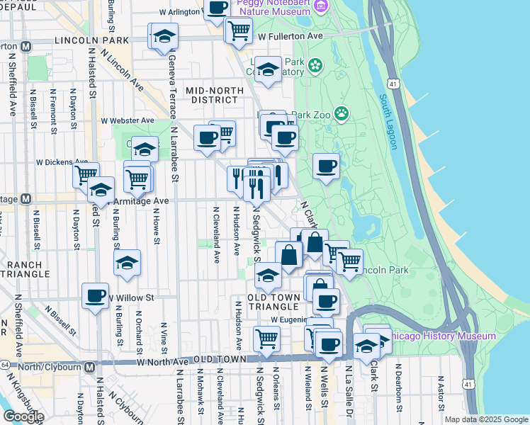 map of restaurants, bars, coffee shops, grocery stores, and more near 1932 North Sedgwick Street in Chicago