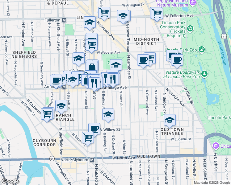 map of restaurants, bars, coffee shops, grocery stores, and more near 1950 North Howe Street in Chicago