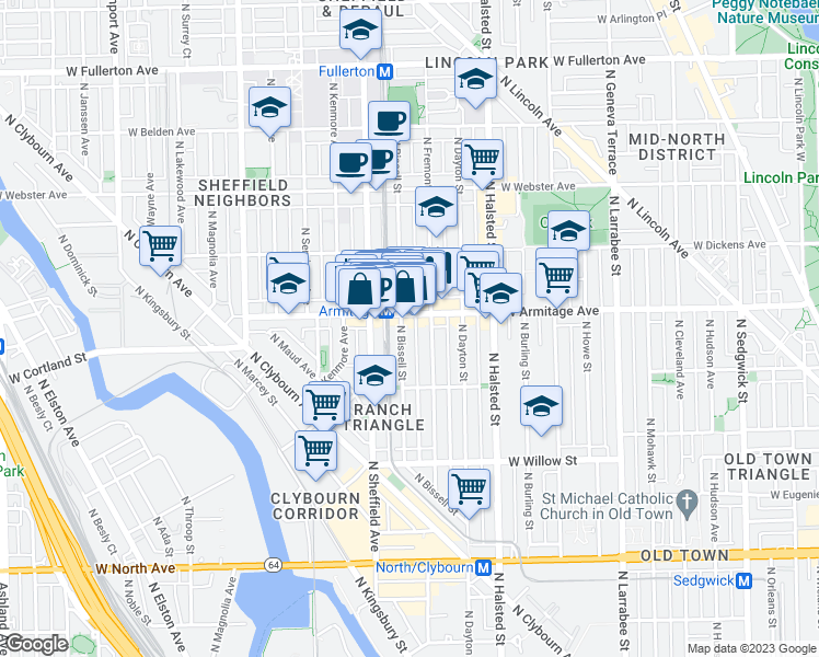 map of restaurants, bars, coffee shops, grocery stores, and more near 919 West Armitage Avenue in Chicago