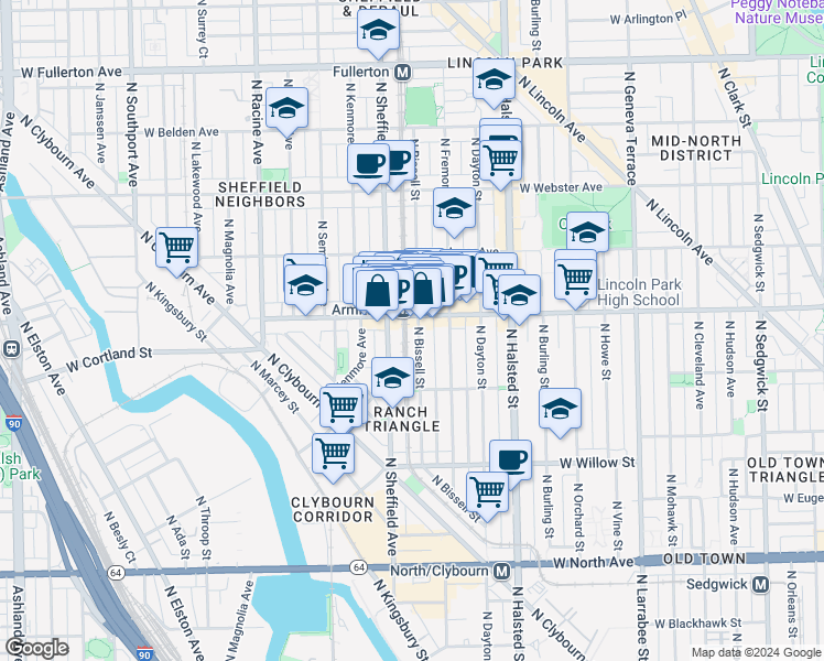 map of restaurants, bars, coffee shops, grocery stores, and more near 919 West Armitage Avenue in Chicago