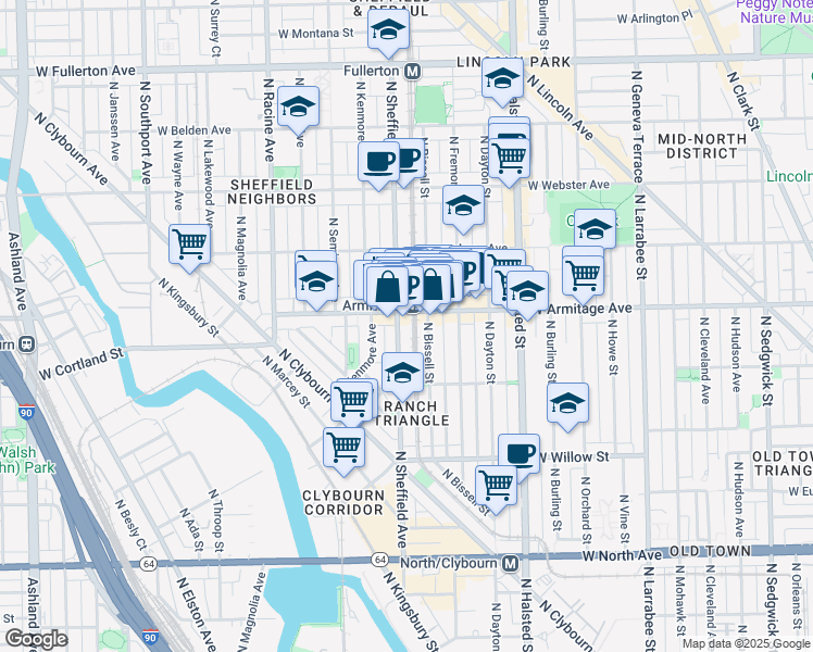 map of restaurants, bars, coffee shops, grocery stores, and more near 919 West Armitage Avenue in Chicago