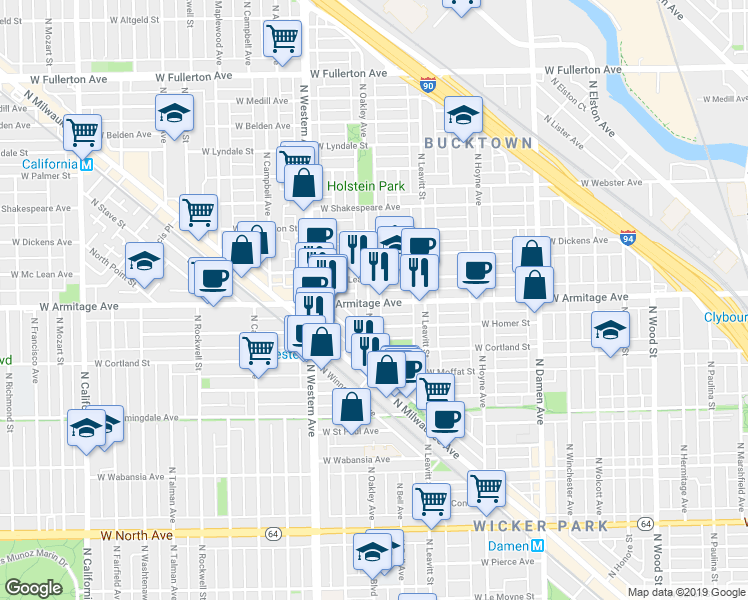 map of restaurants, bars, coffee shops, grocery stores, and more near 2237 West Armitage Avenue in Chicago