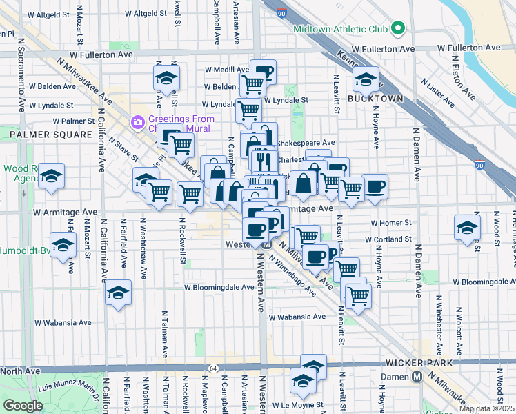 map of restaurants, bars, coffee shops, grocery stores, and more near 1959 North Western Avenue in Chicago