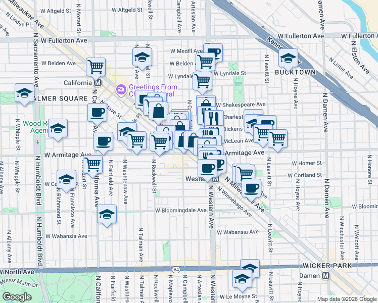 map of restaurants, bars, coffee shops, grocery stores, and more near 2464 West Armitage Avenue in Chicago