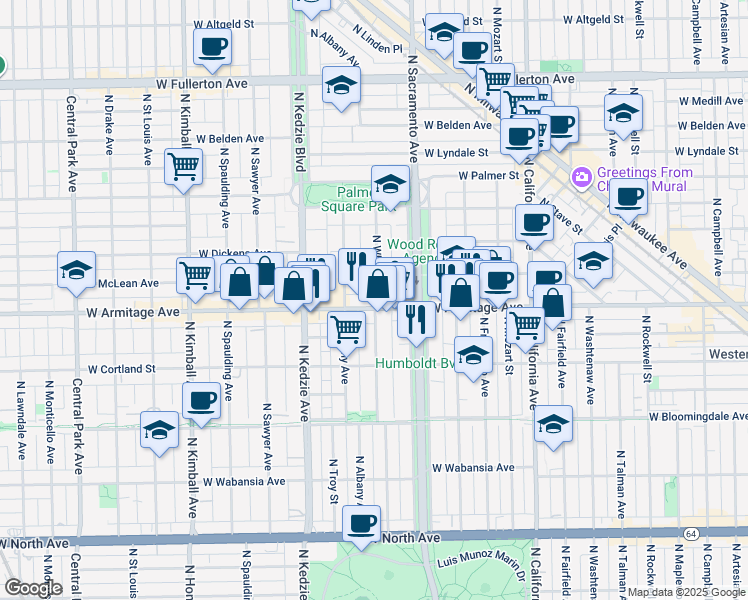 map of restaurants, bars, coffee shops, grocery stores, and more near in Chicago