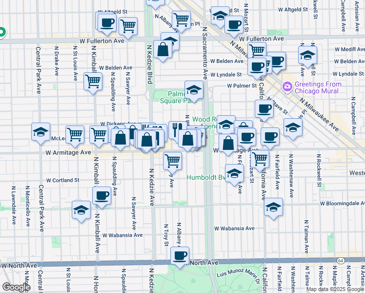 map of restaurants, bars, coffee shops, grocery stores, and more near 2001 North Albany Avenue in Chicago