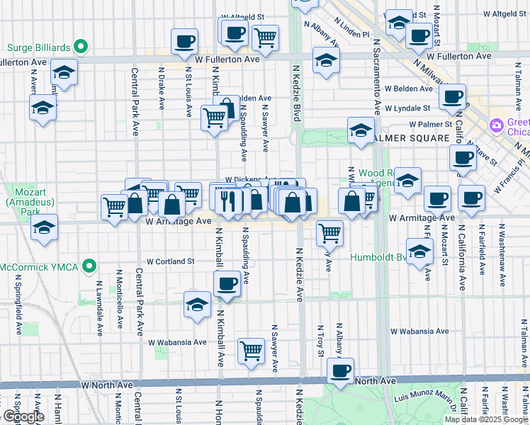 map of restaurants, bars, coffee shops, grocery stores, and more near in Chicago