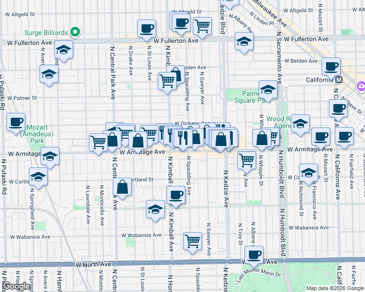 map of restaurants, bars, coffee shops, grocery stores, and more near 3316 West Armitage Avenue in Chicago