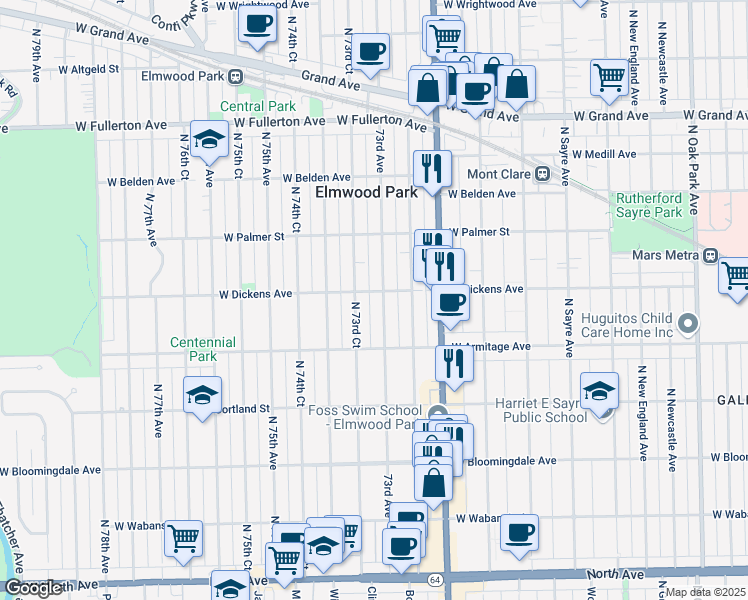 map of restaurants, bars, coffee shops, grocery stores, and more near 2038 73rd Avenue in Elmwood Park