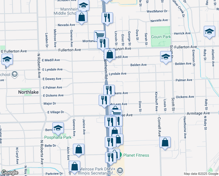 map of restaurants, bars, coffee shops, grocery stores, and more near 2201 Mannheim Road in Melrose Park