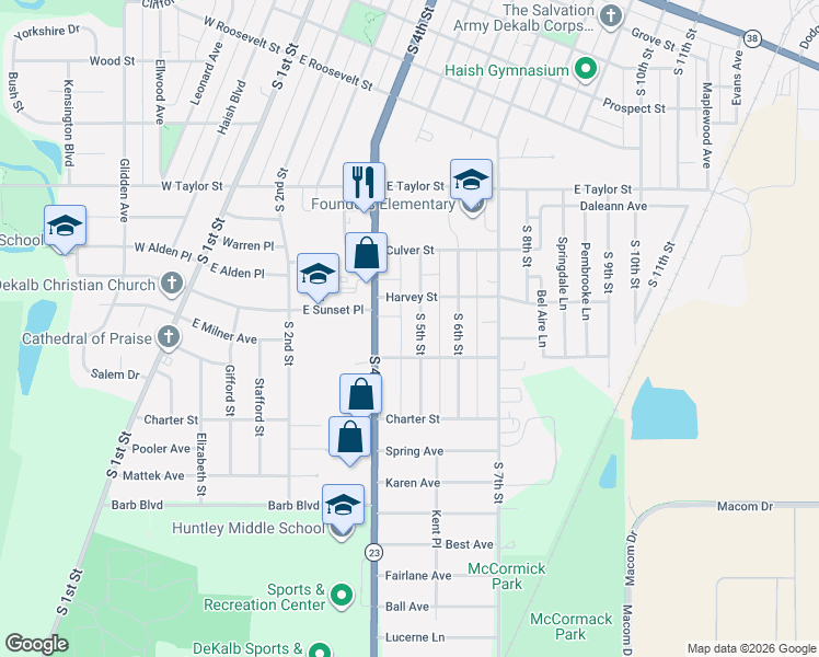 map of restaurants, bars, coffee shops, grocery stores, and more near 1035 South 5th Street in DeKalb