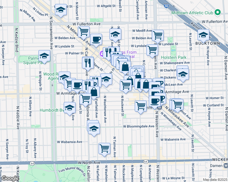 map of restaurants, bars, coffee shops, grocery stores, and more near 2617 West Armitage Avenue in Chicago