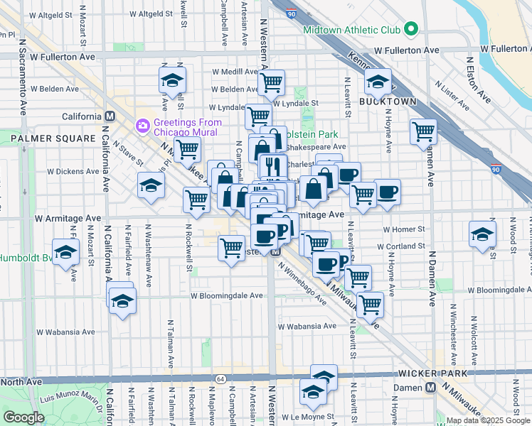 map of restaurants, bars, coffee shops, grocery stores, and more near 1959 North Western Avenue in Chicago