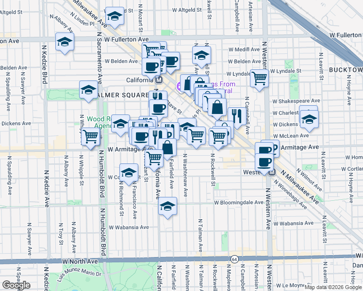 map of restaurants, bars, coffee shops, grocery stores, and more near 2704 West Armitage Avenue in Chicago
