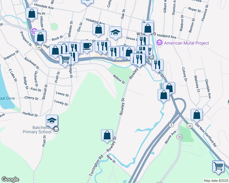 map of restaurants, bars, coffee shops, grocery stores, and more near 102 Maple Street in Winsted