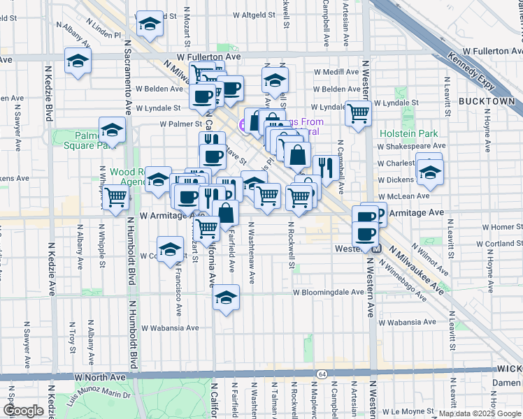 map of restaurants, bars, coffee shops, grocery stores, and more near 2652 West Armitage Avenue in Chicago