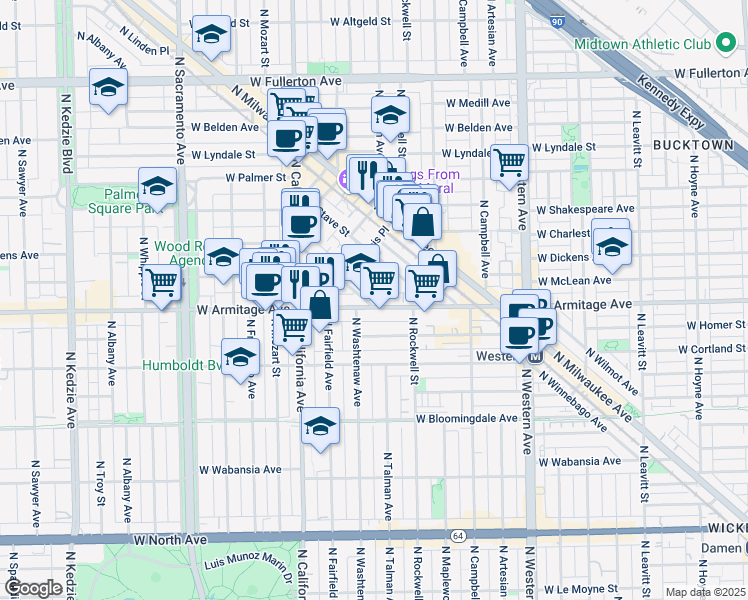 map of restaurants, bars, coffee shops, grocery stores, and more near 2652 West Armitage Avenue in Chicago