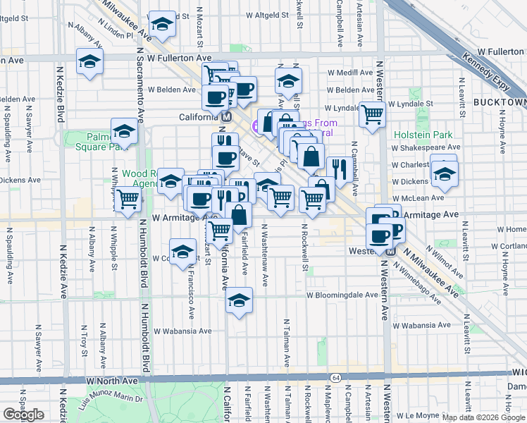 map of restaurants, bars, coffee shops, grocery stores, and more near 2652 West Armitage Avenue in Chicago