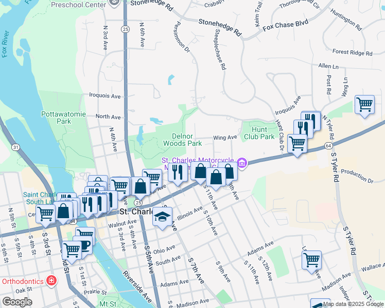 map of restaurants, bars, coffee shops, grocery stores, and more near 137 North 11th Avenue in St. Charles