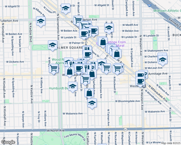 map of restaurants, bars, coffee shops, grocery stores, and more near 2728 West Armitage Avenue in Chicago