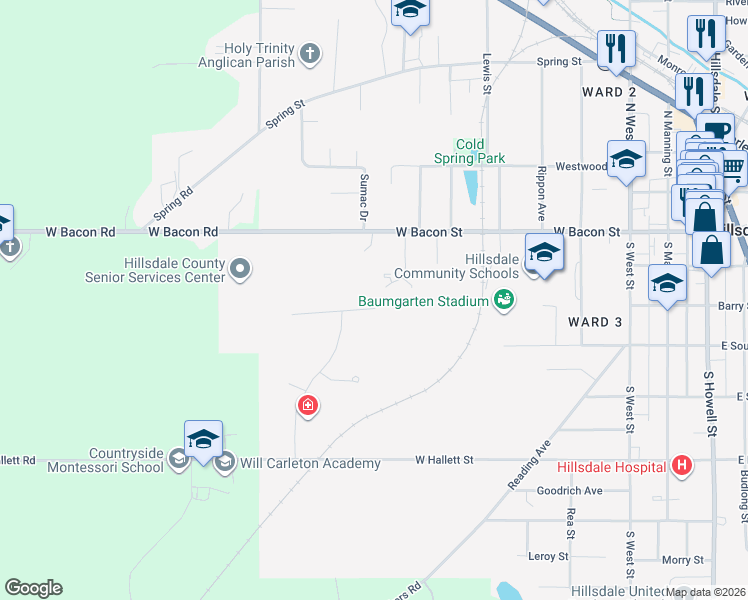 map of restaurants, bars, coffee shops, grocery stores, and more near in Hillsdale
