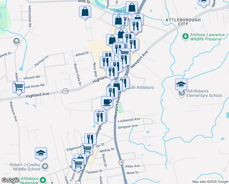 map of restaurants, bars, coffee shops, grocery stores, and more near 424 Washington Street in Attleboro