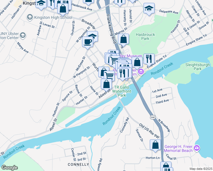 map of restaurants, bars, coffee shops, grocery stores, and more near 79 Abeel Street in Kingston