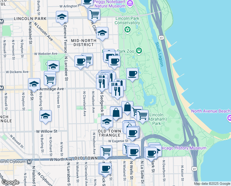 map of restaurants, bars, coffee shops, grocery stores, and more near 1939 North Lincoln Avenue in Chicago