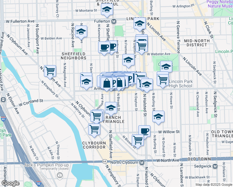 map of restaurants, bars, coffee shops, grocery stores, and more near 919 West Armitage Avenue in Chicago