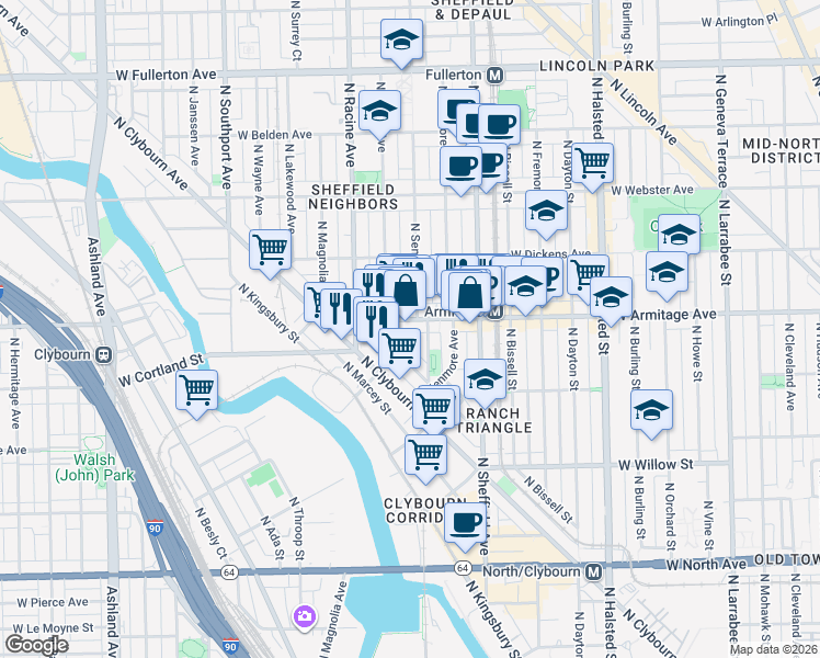 map of restaurants, bars, coffee shops, grocery stores, and more near 1956 North Seminary Avenue in Chicago