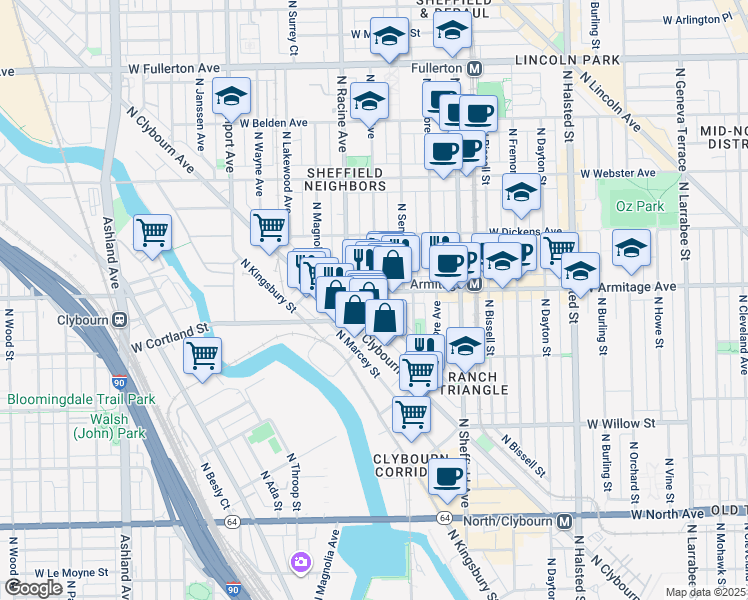 map of restaurants, bars, coffee shops, grocery stores, and more near 1965 F North Maud Avenue in Chicago